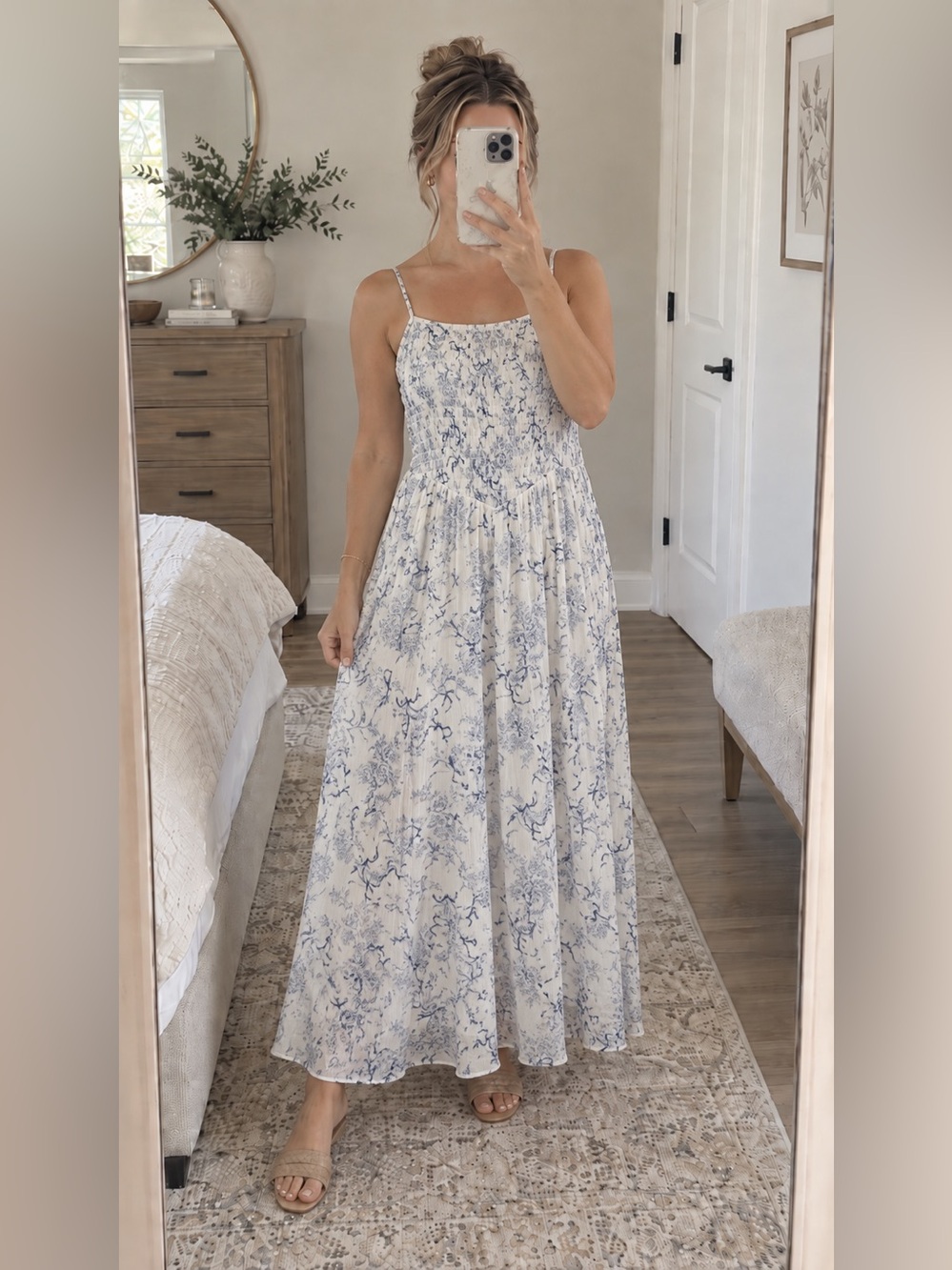 White and Blue Floral Smocked Maxi Dress with Spaghetti Straps